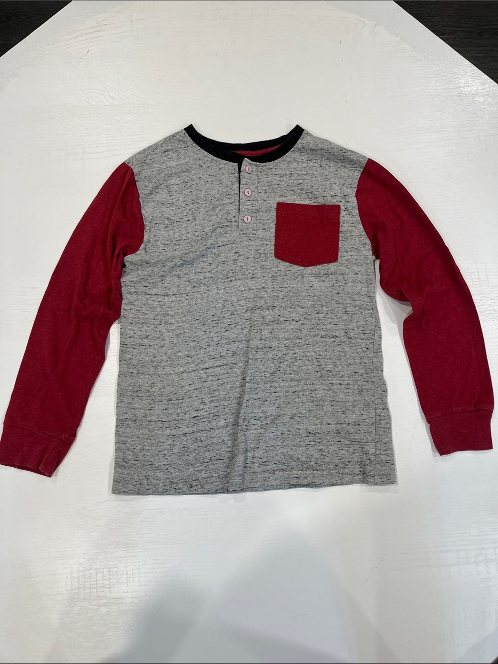 Boys Long Sleeve Henley Top with Red Sleeves and Pocket